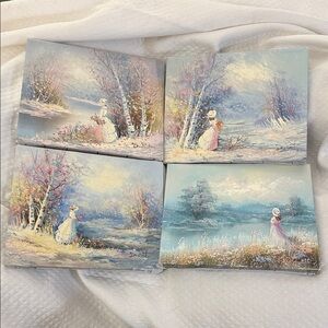 Set of 4 Vintage Oil paintings - artist Dupont -Lady in landscape Impressionist
